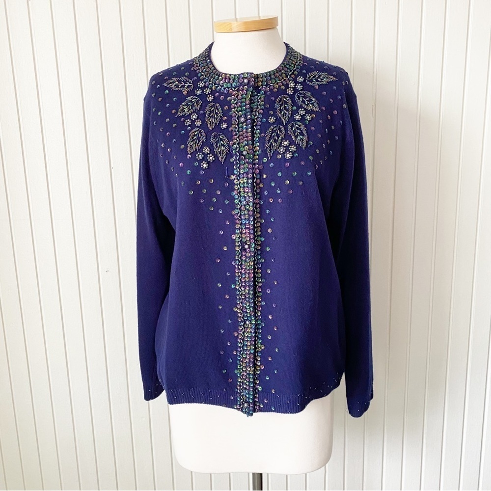 Vintage Unique Navy Blue Iridescent Sequins Beaded Wool Cardigan Button Down